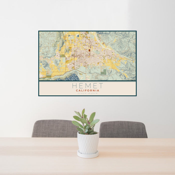 24x36 Hemet California Map Print Lanscape Orientation in Woodblock Style Behind 2 Chairs Table and Potted Plant