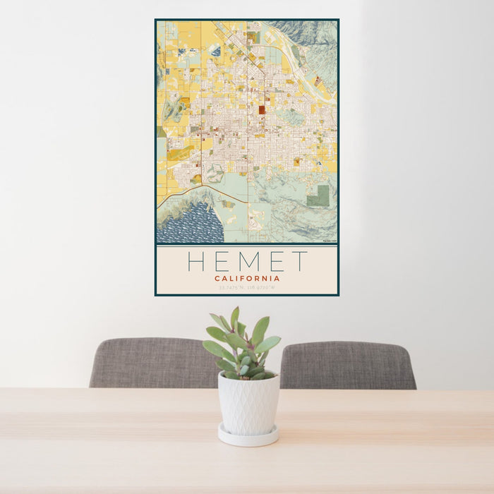 24x36 Hemet California Map Print Portrait Orientation in Woodblock Style Behind 2 Chairs Table and Potted Plant