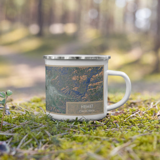 Right View Custom Hemet California Map Enamel Mug in Afternoon on Grass With Trees in Background
