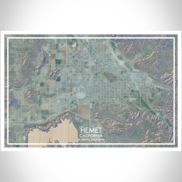 Hemet California Map Print Landscape Orientation in Afternoon Style With Shaded Background