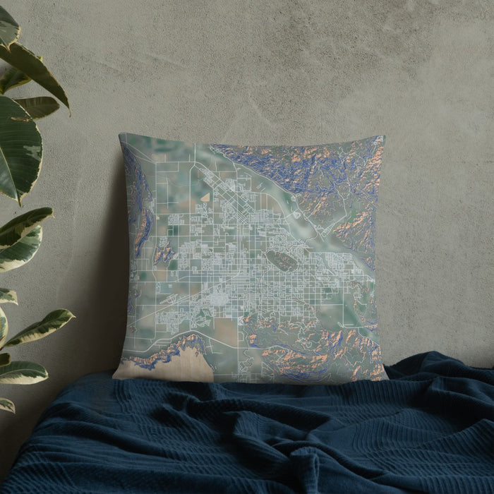 Custom Hemet California Map Throw Pillow in Afternoon on Bedding Against Wall