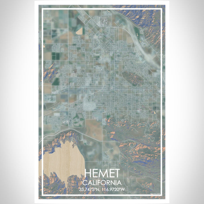 Hemet California Map Print Portrait Orientation in Afternoon Style With Shaded Background