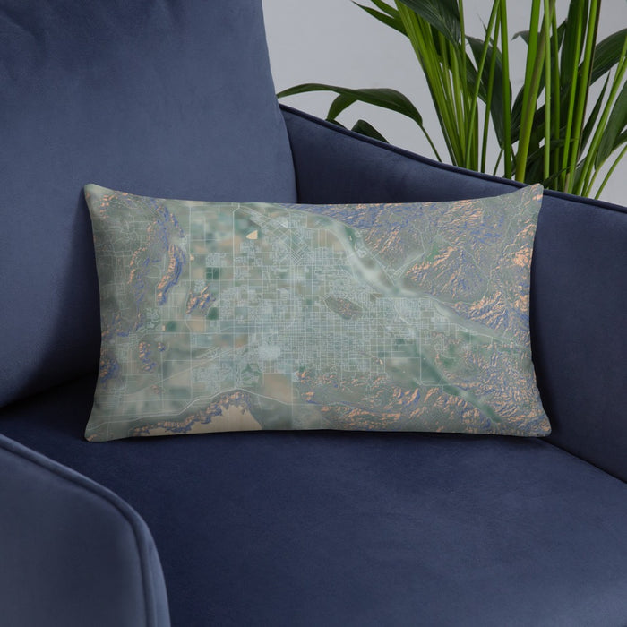 Custom Hemet California Map Throw Pillow in Afternoon on Blue Colored Chair