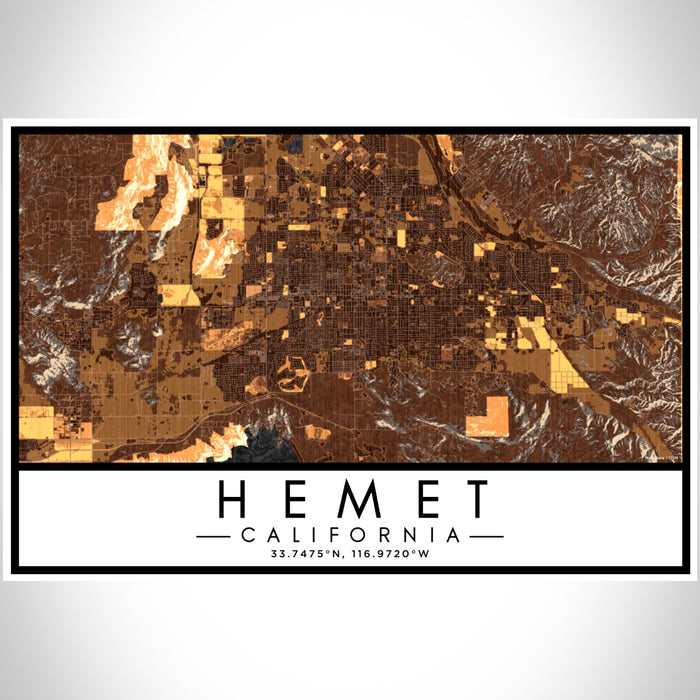 Hemet California Map Print Landscape Orientation in Ember Style With Shaded Background