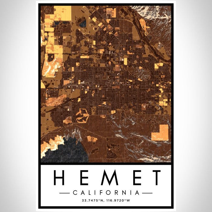 Hemet California Map Print Portrait Orientation in Ember Style With Shaded Background
