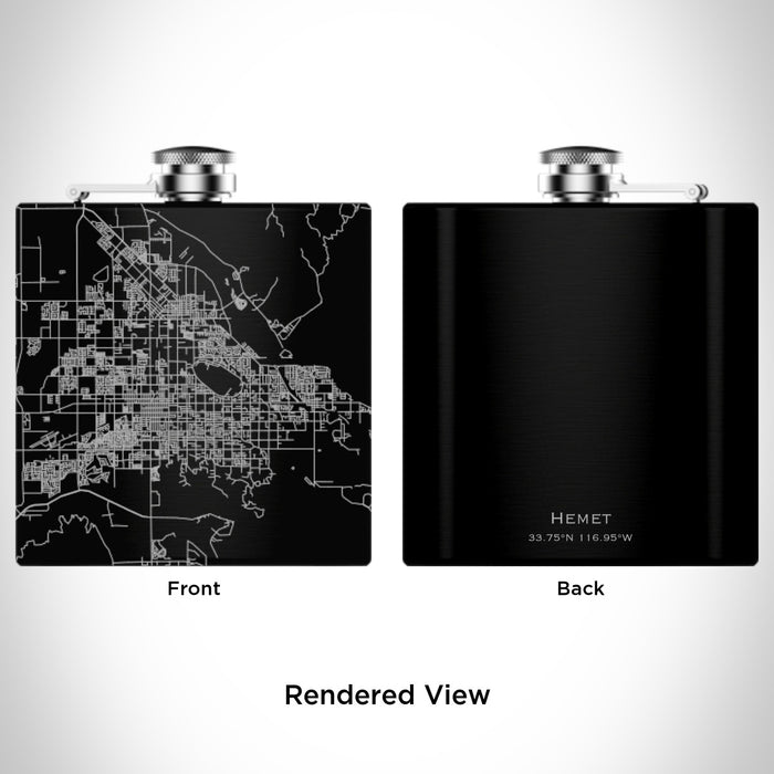 Rendered View of Hemet California Map Engraving on 6oz Stainless Steel Flask in Black