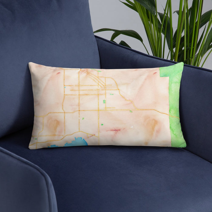 Custom Hemet California Map Throw Pillow in Watercolor on Blue Colored Chair