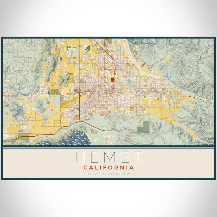 Hemet California Map Print Landscape Orientation in Woodblock Style With Shaded Background
