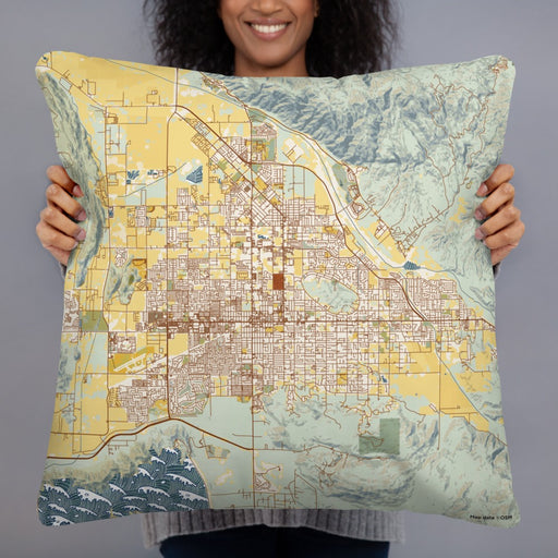 Person holding 22x22 Custom Hemet California Map Throw Pillow in Woodblock