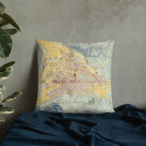 Custom Hemet California Map Throw Pillow in Woodblock on Bedding Against Wall
