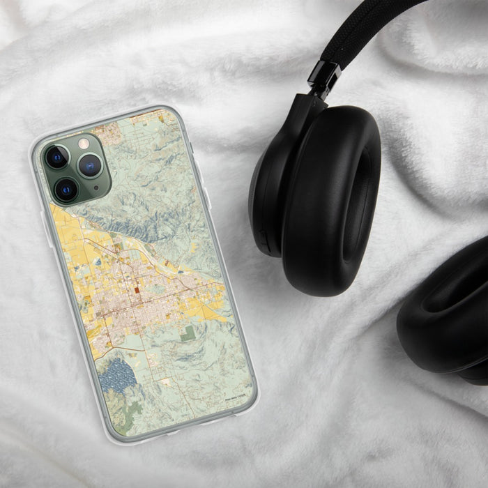Custom Hemet California Map Phone Case in Woodblock on Table with Black Headphones