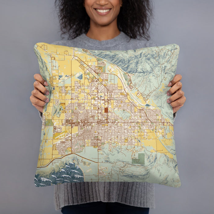 Person holding 18x18 Custom Hemet California Map Throw Pillow in Woodblock