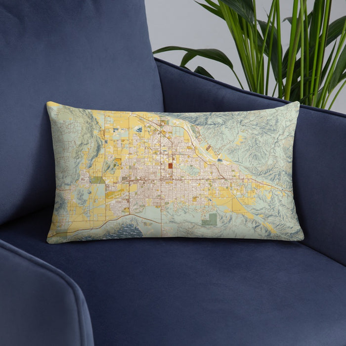 Custom Hemet California Map Throw Pillow in Woodblock on Blue Colored Chair