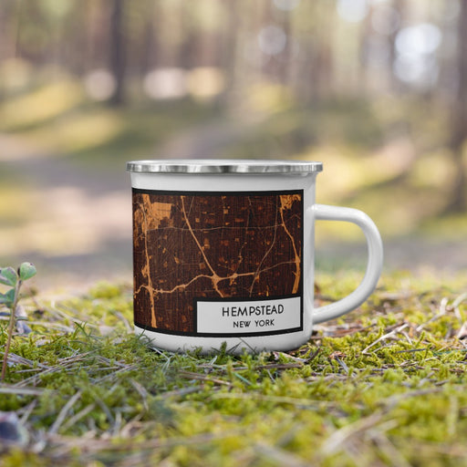 Right View Custom Hempstead New York Map Enamel Mug in Ember on Grass With Trees in Background