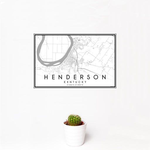12x18 Henderson Kentucky Map Print Landscape Orientation in Classic Style With Small Cactus Plant in White Planter