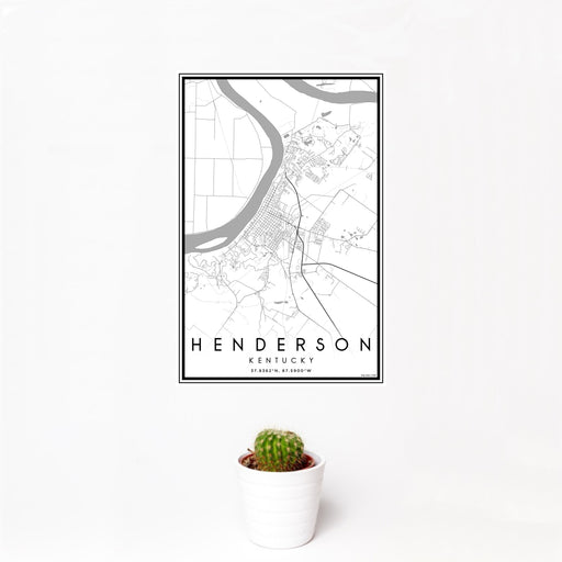 12x18 Henderson Kentucky Map Print Portrait Orientation in Classic Style With Small Cactus Plant in White Planter