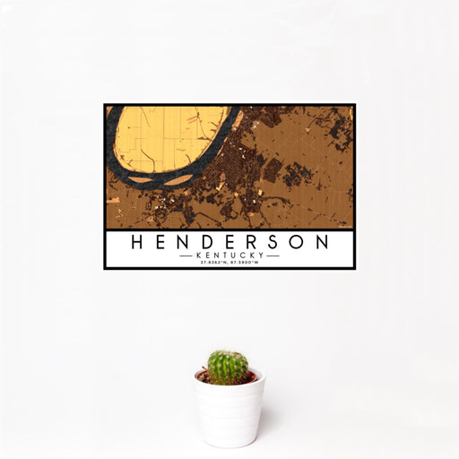 12x18 Henderson Kentucky Map Print Landscape Orientation in Ember Style With Small Cactus Plant in White Planter