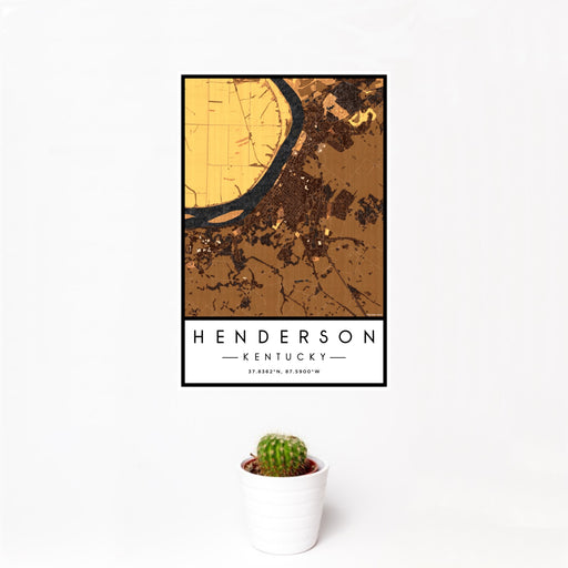 12x18 Henderson Kentucky Map Print Portrait Orientation in Ember Style With Small Cactus Plant in White Planter