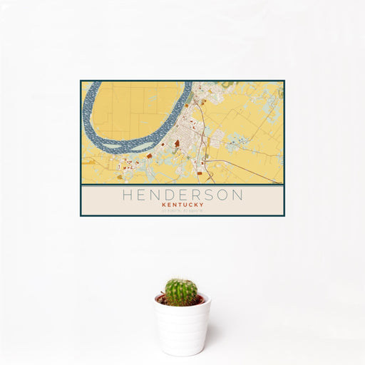 12x18 Henderson Kentucky Map Print Landscape Orientation in Woodblock Style With Small Cactus Plant in White Planter