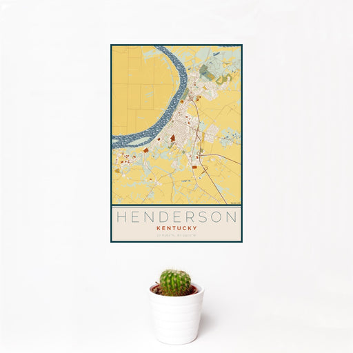 12x18 Henderson Kentucky Map Print Portrait Orientation in Woodblock Style With Small Cactus Plant in White Planter