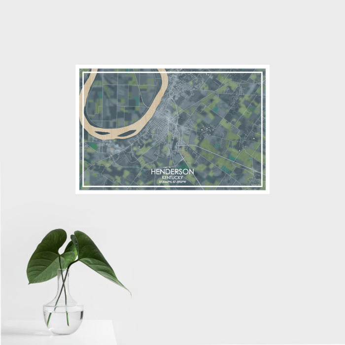 16x24 Henderson Kentucky Map Print Landscape Orientation in Afternoon Style With Tropical Plant Leaves in Water