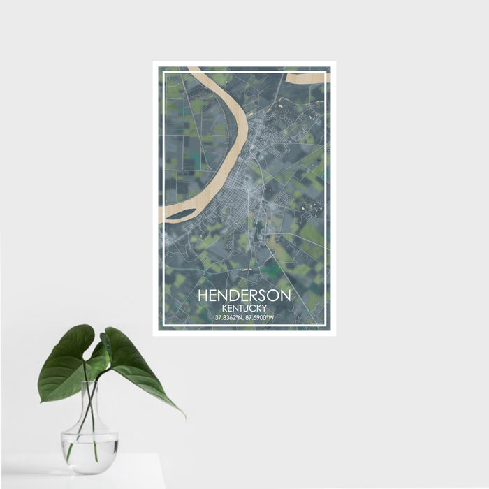 16x24 Henderson Kentucky Map Print Portrait Orientation in Afternoon Style With Tropical Plant Leaves in Water