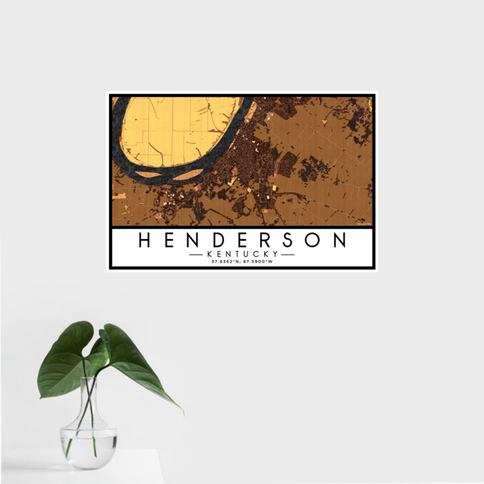 16x24 Henderson Kentucky Map Print Landscape Orientation in Ember Style With Tropical Plant Leaves in Water