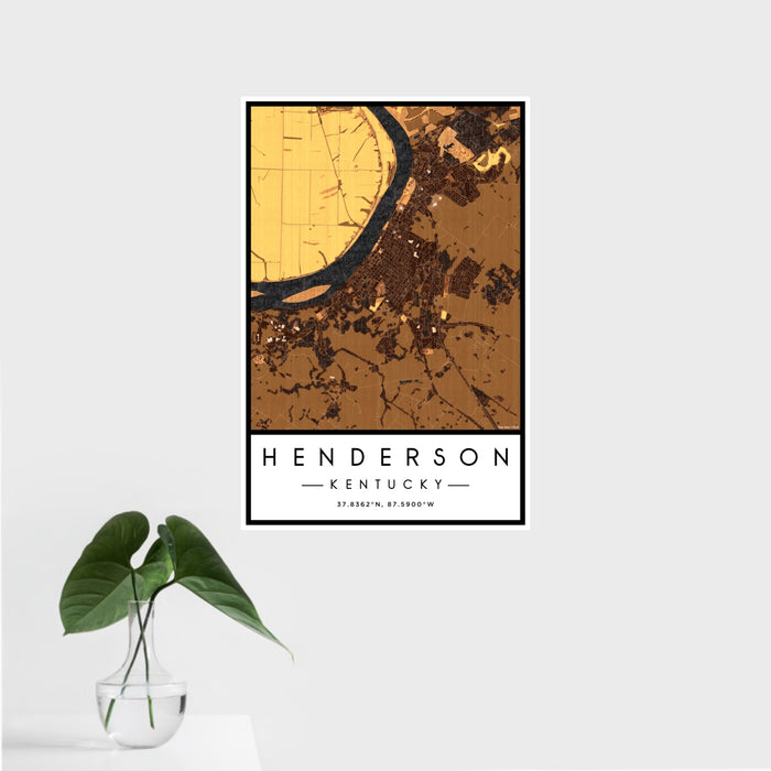 16x24 Henderson Kentucky Map Print Portrait Orientation in Ember Style With Tropical Plant Leaves in Water
