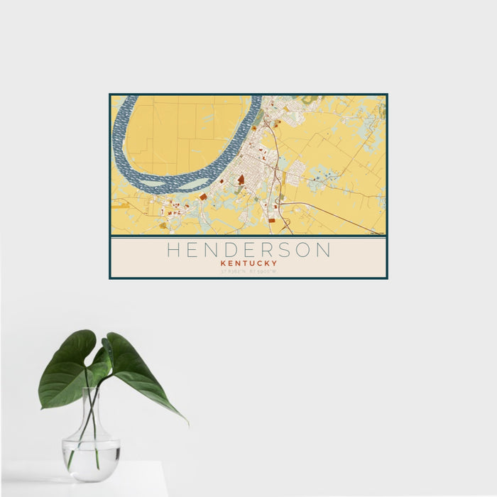 16x24 Henderson Kentucky Map Print Landscape Orientation in Woodblock Style With Tropical Plant Leaves in Water