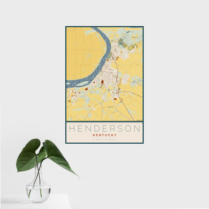 16x24 Henderson Kentucky Map Print Portrait Orientation in Woodblock Style With Tropical Plant Leaves in Water