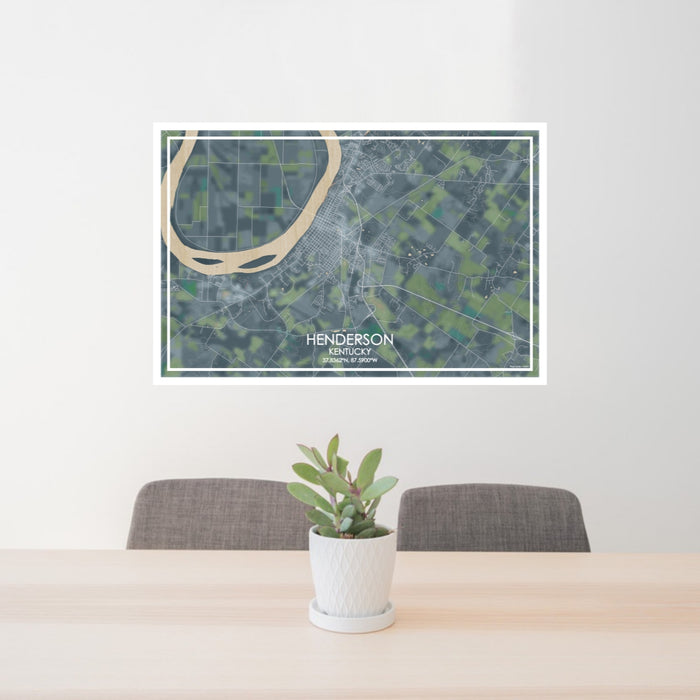 24x36 Henderson Kentucky Map Print Lanscape Orientation in Afternoon Style Behind 2 Chairs Table and Potted Plant
