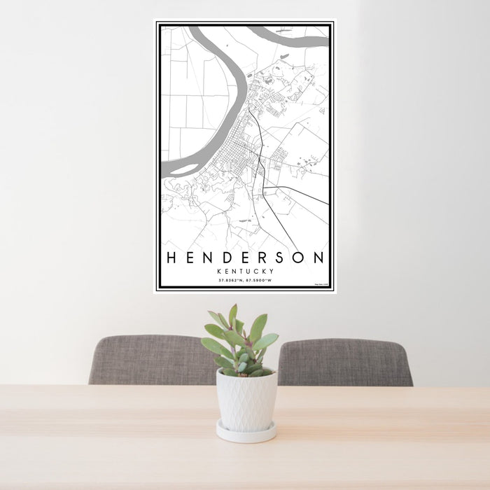 24x36 Henderson Kentucky Map Print Portrait Orientation in Classic Style Behind 2 Chairs Table and Potted Plant