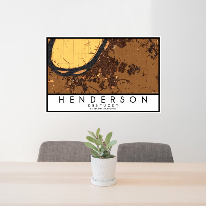 24x36 Henderson Kentucky Map Print Lanscape Orientation in Ember Style Behind 2 Chairs Table and Potted Plant