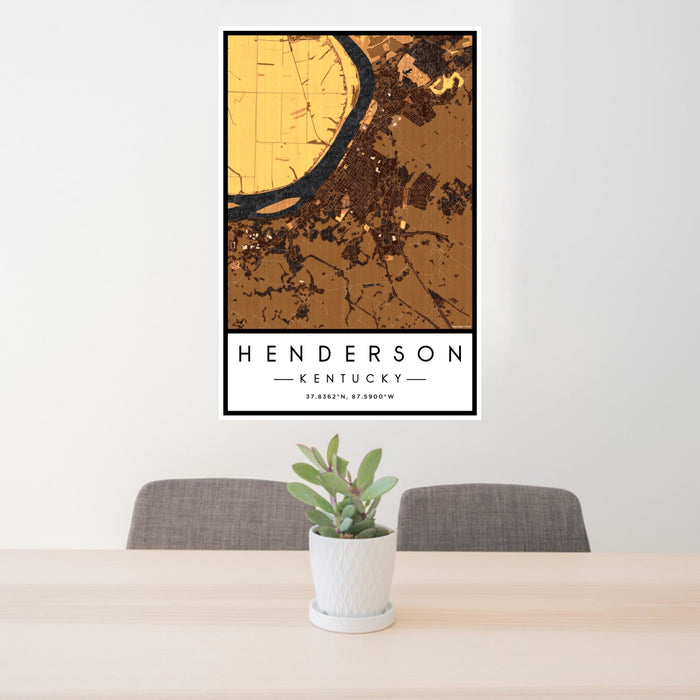 24x36 Henderson Kentucky Map Print Portrait Orientation in Ember Style Behind 2 Chairs Table and Potted Plant