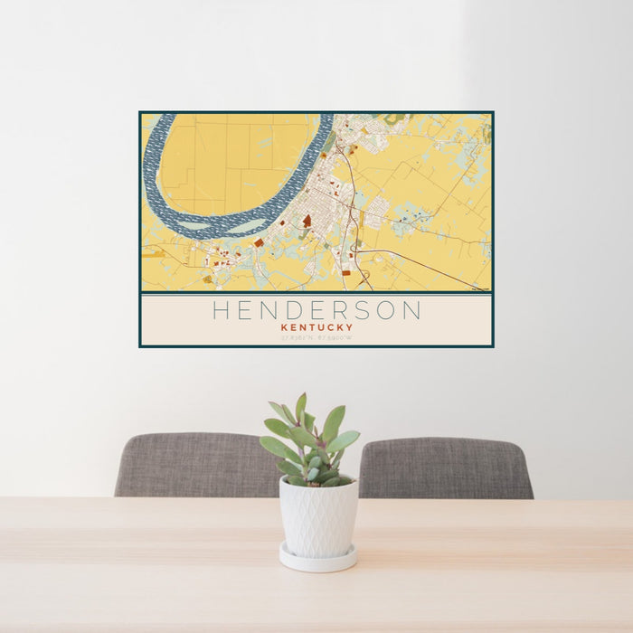 24x36 Henderson Kentucky Map Print Lanscape Orientation in Woodblock Style Behind 2 Chairs Table and Potted Plant