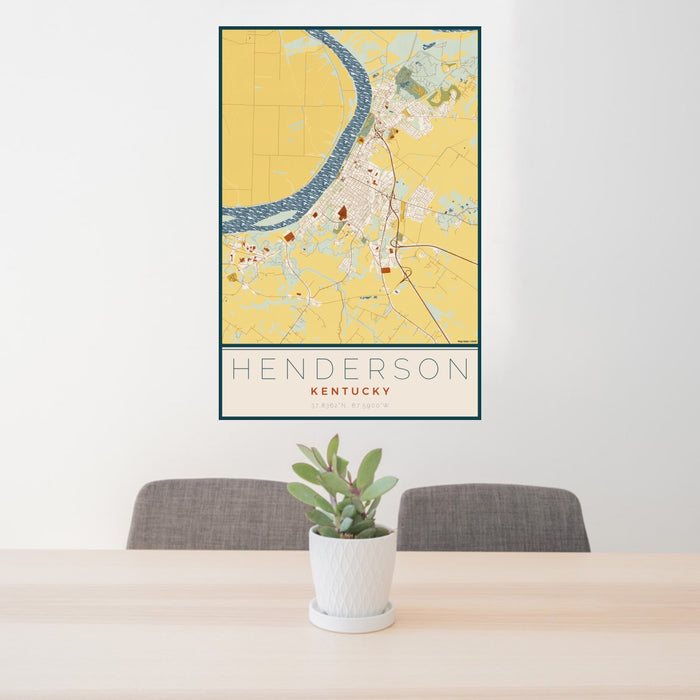 24x36 Henderson Kentucky Map Print Portrait Orientation in Woodblock Style Behind 2 Chairs Table and Potted Plant