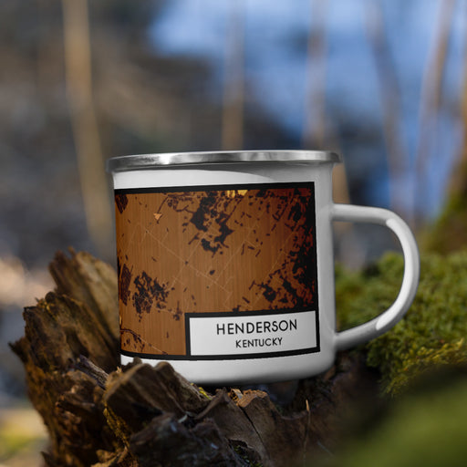 Right View Custom Henderson Kentucky Map Enamel Mug in Ember on Grass With Trees in Background