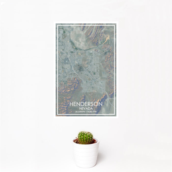 12x18 Henderson Nevada Map Print Portrait Orientation in Afternoon Style With Small Cactus Plant in White Planter
