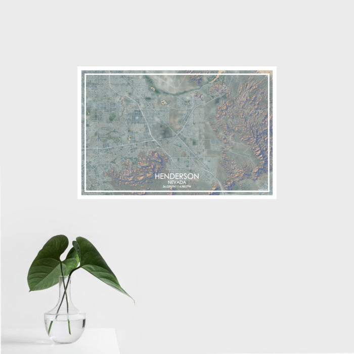 16x24 Henderson Nevada Map Print Landscape Orientation in Afternoon Style With Tropical Plant Leaves in Water