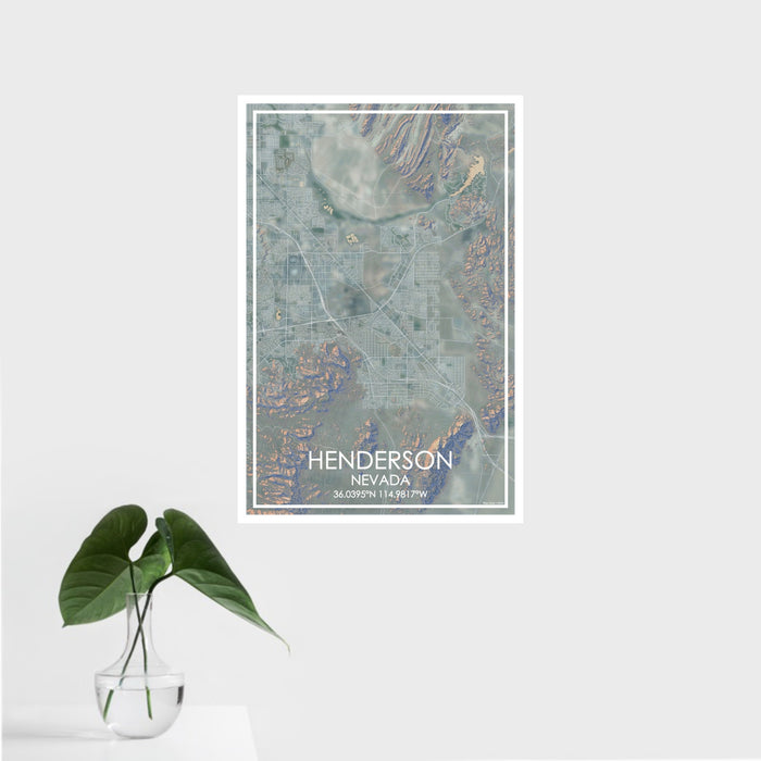 16x24 Henderson Nevada Map Print Portrait Orientation in Afternoon Style With Tropical Plant Leaves in Water