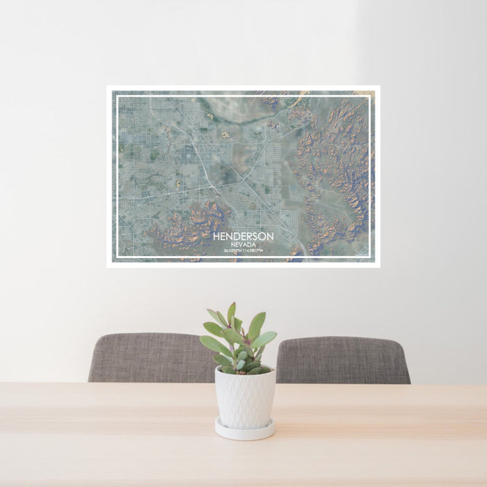 24x36 Henderson Nevada Map Print Lanscape Orientation in Afternoon Style Behind 2 Chairs Table and Potted Plant