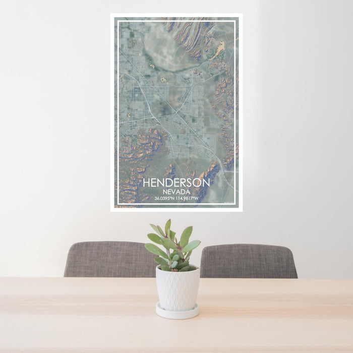 24x36 Henderson Nevada Map Print Portrait Orientation in Afternoon Style Behind 2 Chairs Table and Potted Plant