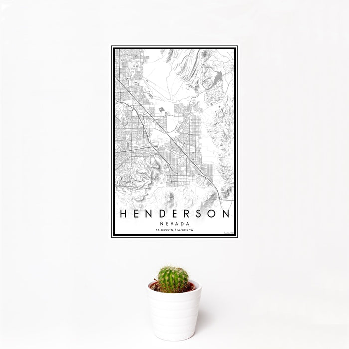 12x18 Henderson Nevada Map Print Portrait Orientation in Classic Style With Small Cactus Plant in White Planter