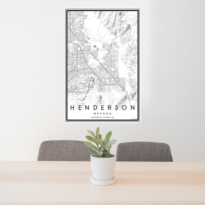 24x36 Henderson Nevada Map Print Portrait Orientation in Classic Style Behind 2 Chairs Table and Potted Plant