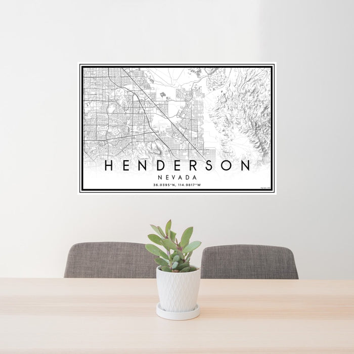 24x36 Henderson Nevada Map Print Landscape Orientation in Classic Style Behind 2 Chairs Table and Potted Plant