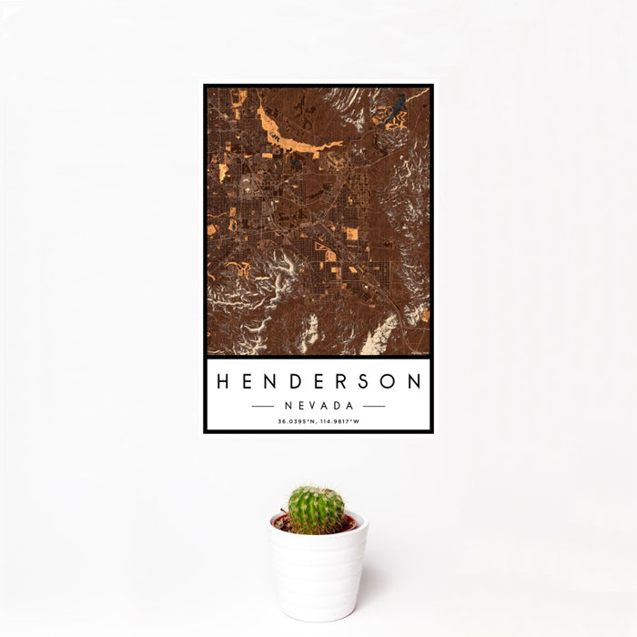 12x18 Henderson Nevada Map Print Portrait Orientation in Ember Style With Small Cactus Plant in White Planter