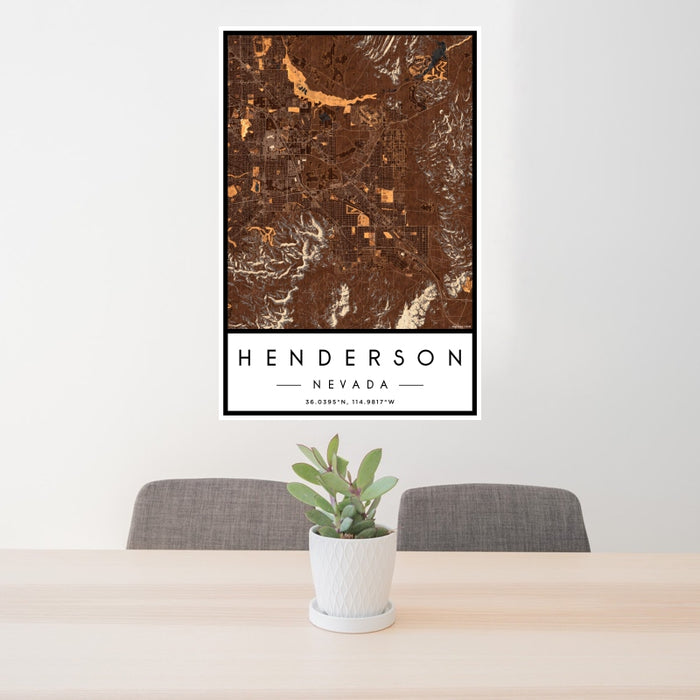 24x36 Henderson Nevada Map Print Portrait Orientation in Ember Style Behind 2 Chairs Table and Potted Plant