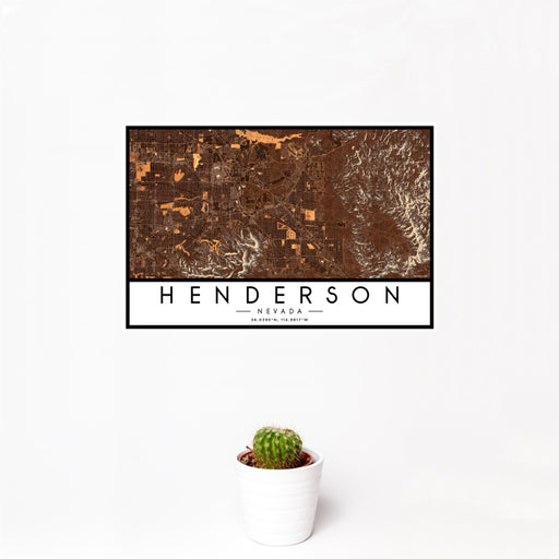 12x18 Henderson Nevada Map Print Landscape Orientation in Ember Style With Small Cactus Plant in White Planter