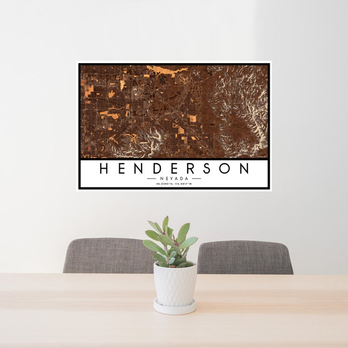 24x36 Henderson Nevada Map Print Landscape Orientation in Ember Style Behind 2 Chairs Table and Potted Plant