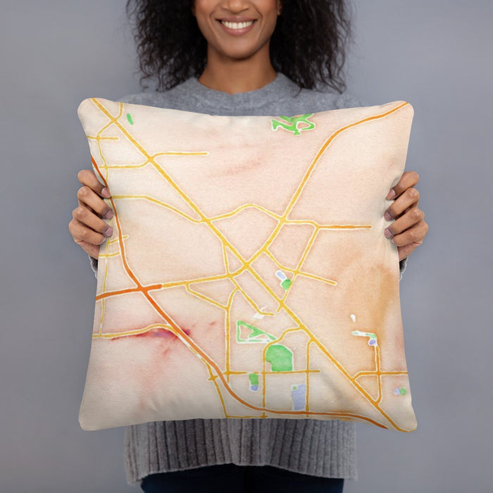 Person holding 18x18 Custom Henderson Nevada Map Throw Pillow in Watercolor